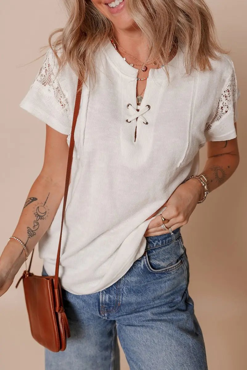 White Ribbed Texture Lace Patchwork Short Sleeve Top for Women - Love Salve